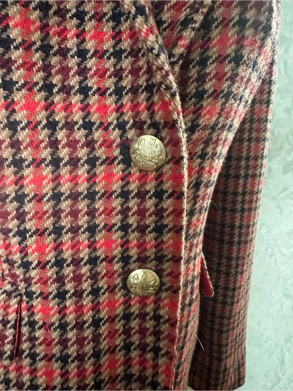 J.Crew Schoolboy Wool Blazer Red Houndstooth Pattern and Gold buttons